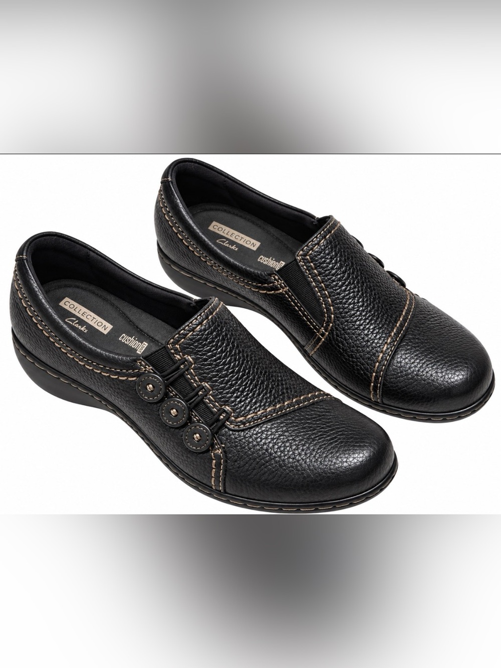 Clarks Collection Cushion Soft Black Leather Slip-On Comfort Shoes Women’s 7 M